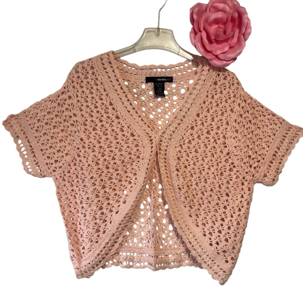Denim 24/7 Pink fairycore preppy Crochet Shrug Bolero Sweater 1X 55% ramie NWOT